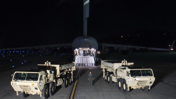 Trucks carrying parts of the American Terminal High-Altitude Area Defence system arrive at Osan air base in Pyeongtaek, South Korea, last month.
