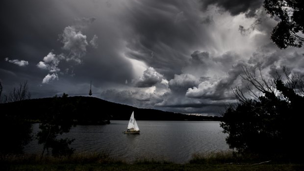 Change is in the wind: A sailing boat takes to Lake Burley Griffin under ominous skies on Friday. Climate predictions say Canberra can expect an increase in bushfire risks in Summer and Spring.