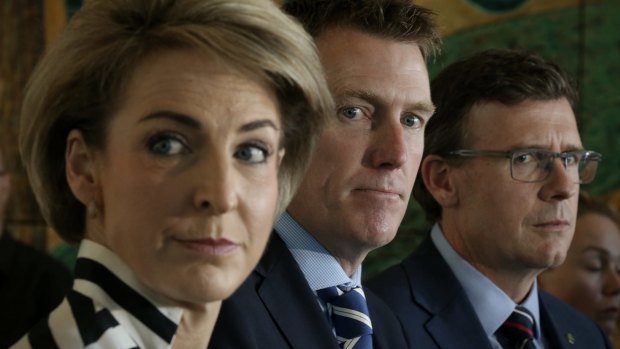 Minister for Women Michaelia Cash, with Social Services Minister Christian Porter and Human Services Minister Alan Tudge.