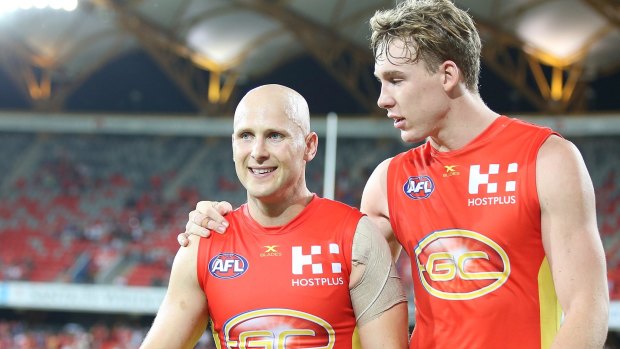 All smiles: Gary Ablett and Tom Lynch after the win over Hawthorn.