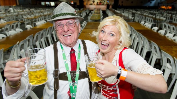 Dr Gunther Brandstetter and Liz Neunsinger getting into the spirit of Oktoberfest in Canberra.