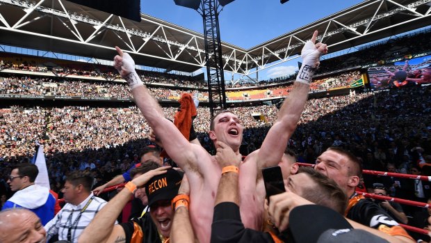 Jeff Horn celebrates his victory after the WBO Welterweight Title Fight against Manny Pacquiao.