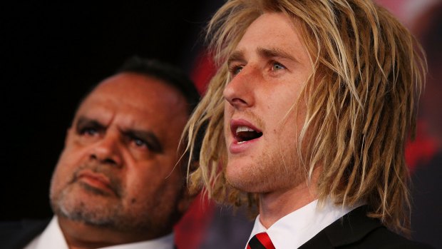 Bombers legend Michael Long and Dyson Heppell at the season launch. 