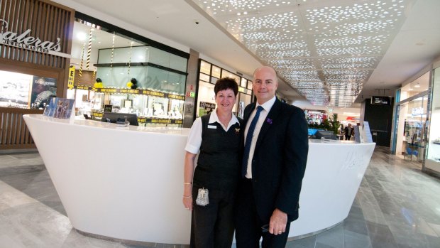 Long-serving staff member Sue-Ellen Duby (left) and Westfield Chermside centre manager Garth Haslam (right).