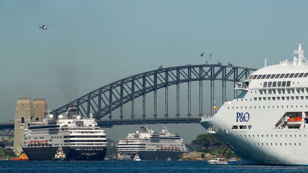 P&O's Pacific Aria, Pacific Eden and Pacific Jewel inside Sydney Harbour on November 25. It was the first time P&O Cruises brought their entire fleet of five cruise ships together.