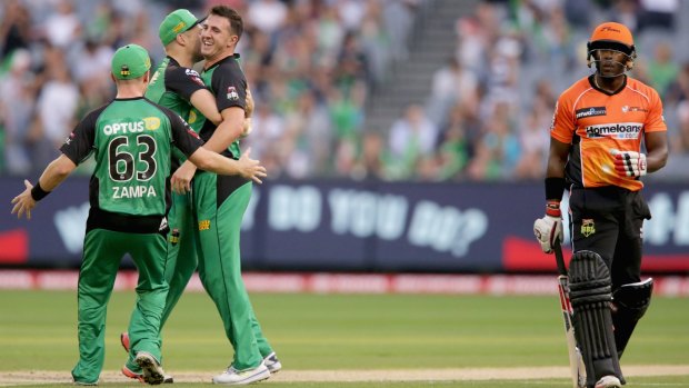 On his way: Melbourne Stars teammates celebrate with Daniel Worrall after his dismissal of Michael Carberry.