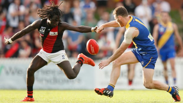 Anthony McDonald-Tipungwuti of Essendon and Ed Carr of Williamstown compete for the ball.