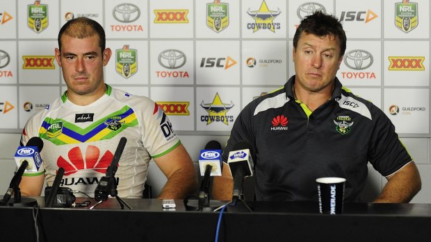 Hard yards: Former captain Terry Campese  and David Furner in tough times at the Canberra Raiders in 2013.