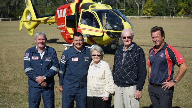 The Moffatts with Westpac Rescue Helicopter Service Pilot Peter Bird, Senior Air Crewman Paul Brennan and Volunteer Crewman Stuart Hogben.