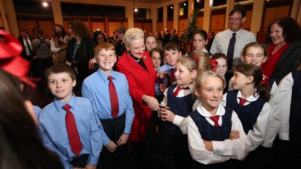 Speaker Bronwyn Bishop handed $5 coins to students from Boggabri for the 800th anniversary of Magna Carta  at Parliament House.