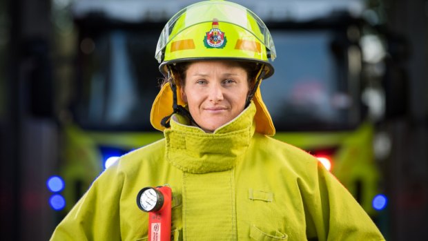 Merrin Starr of the Brumbies women on duty at her 'day job' as an ACT firefighter at Ainslie Fire Station.