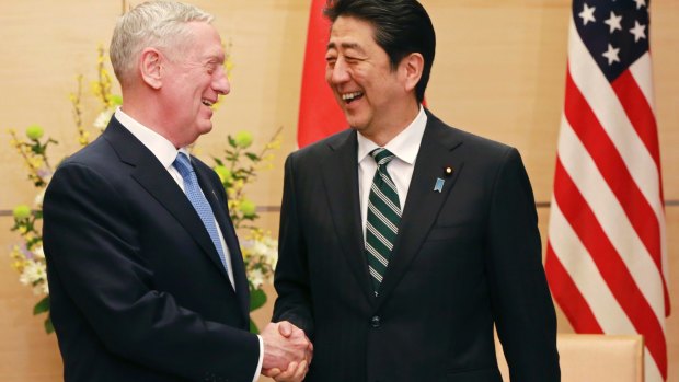 US Defence Secretary Jim Mattis (left) had a message of reassurance when he met Japanese Prime Minister Shinzo Abe in Tokyo this month. 