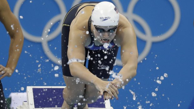 United States' Katie Ledecky starts her portion of a women's 4x100-metre freestyle relay heat.