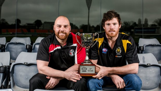 Ainslie forward Nick Paine, left, and Queanbeyan midfielder Andrew Swan are ready to battle it out for grand final honours.