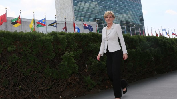 Foreign Minister Julie Bishop walks outside the UN building in New York where she was assured by Egypt's foreign minister, Sameh Shoukry, that Peter Greste would receive a full pardon. File photo.