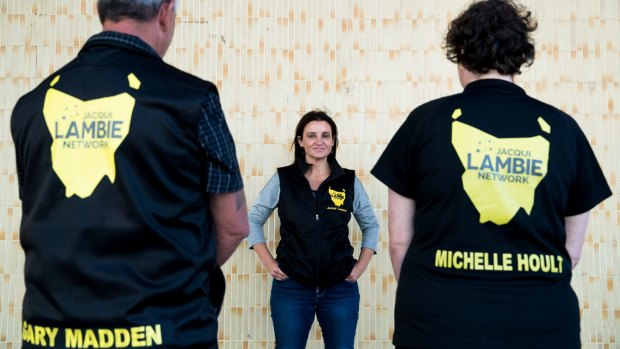 Jacqui Lambie, in  Tasmania, with Gary Madden and Michelle Hoult, who were running in the Tasmanian state election for her party, the Jacqui Lambie Network.