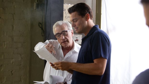 Scorsese and DiCaprio on the set of <i>The Wolf of Wall Street</i>.