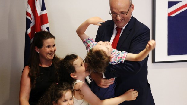 Luke Foley with his family after he was elected unopposed as Labor leader.