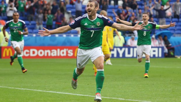 Niall McGinn of Northern Ireland celebrates scoring his team's second goal in their shock win over Ukraine.