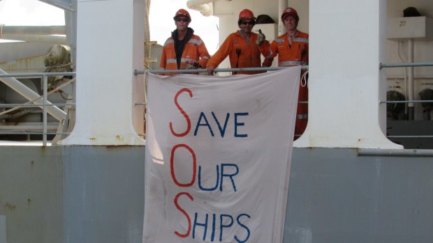 Save Our Ships: crewmen on the MV Portland protest.