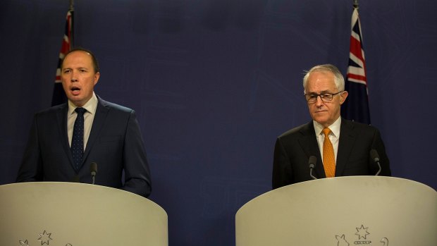 Malcolm Turnbull and Peter Dutton announce a lifetime ban on visas for resettled refugees last month.