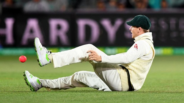 A disappointed Steve Smith after dropping Dawid Malan.
