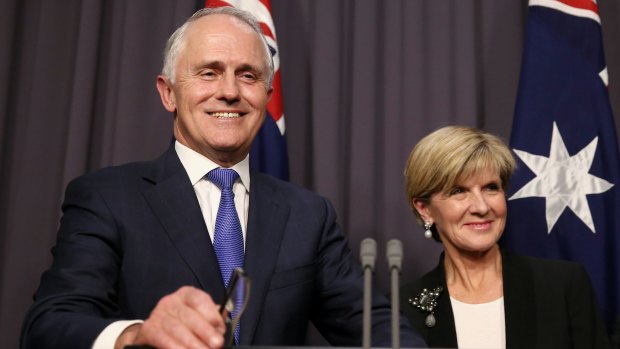 Prime Minister-designate Malcolm Turnbull and Deputy Leader Julie Bishop address the media at Parliament House in Canberra following Monday's Liberal leadership ballot.