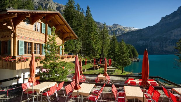 Log chalet at Oeschinensee.