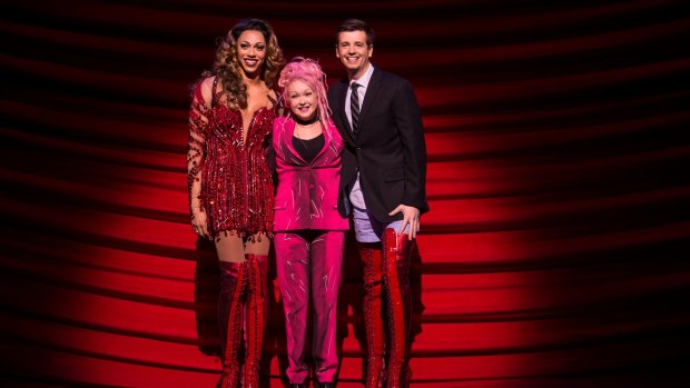 Cyndi Lauper with Kinky Boots stars Callum Francis (Lola) and Toby Francis (Charlie) at Her Majesty's Theatre.