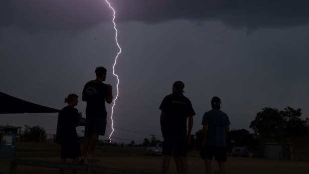 Lightning strikes at Narrabeen as storms move through the Northern Beaches on Monday.
