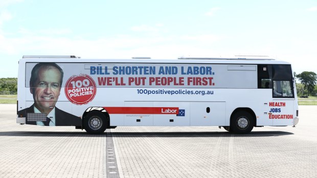 Opposition Leader Bill Shorten's campaign bus ready to pick media up in Cairns.