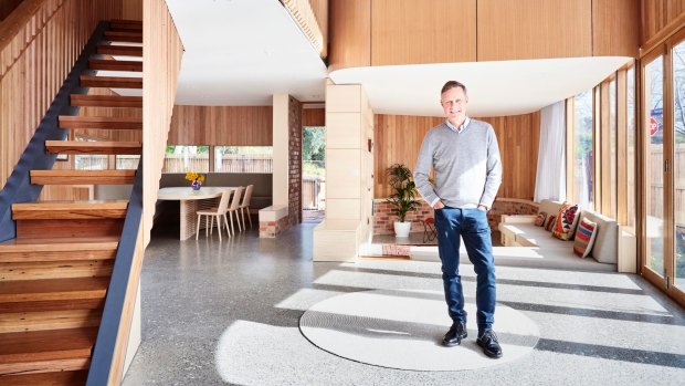 "Architecture is a soul-searching profession.": Peter Maddison is pictured in architect Tim Hill's Kensington curvy house, Melbourne.