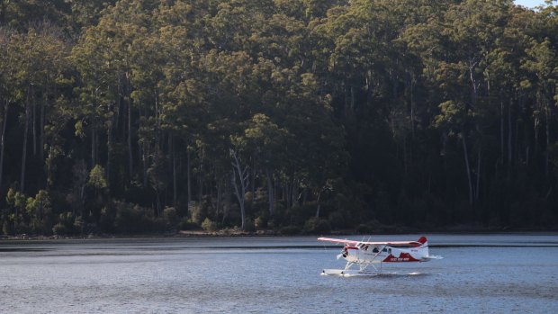 A seaplane landing at Lake St Clair.
