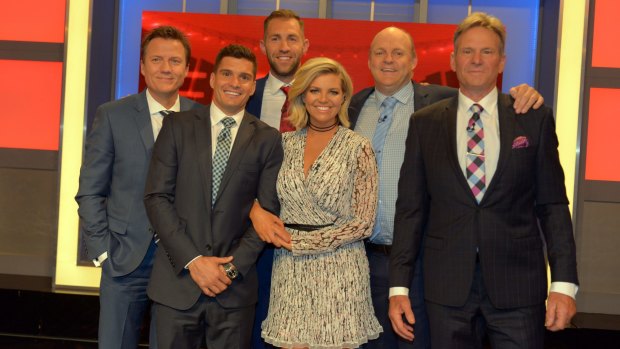 Nine has promised to produce more local content like <i>The Footy Show</i>, staring Rebecca Maddern (centre) and Sam Newman (far right). 