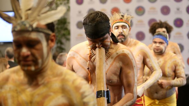 Aboriginal dancers perform at James Packer’s launch of Crown’s second Reconciliation Action Plan.