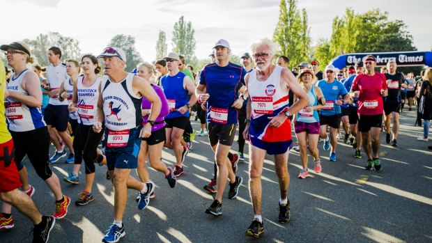 The starting line of the Australian Running Festival half-marathon on Sunday. At right is Bert Sloan.

