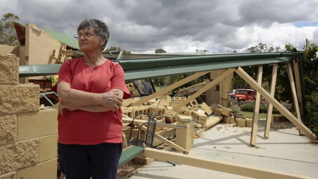 Falling bricks narrowly missed Jan McKergow and her husband in their bedroom on Saturday night when a storm ripped through their Forbes Creek home.