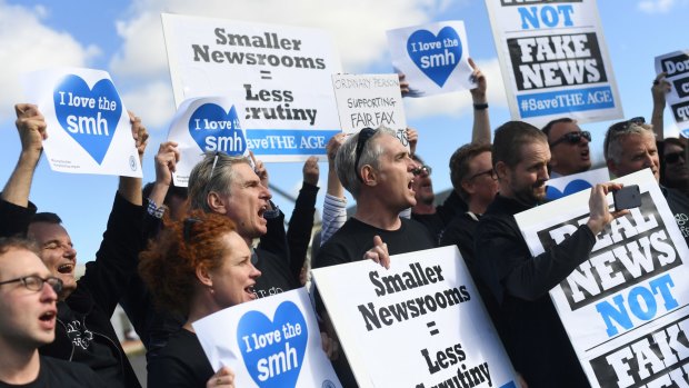 Striking Fairfax journalists outside Parliament House in Canberra earlier this week.