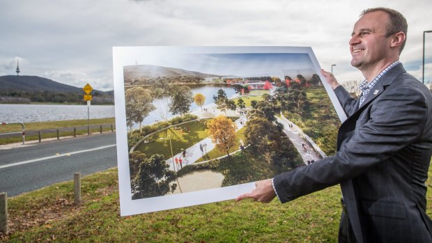 Chief Minister Andrew Barr with plans for the new lakeside park.