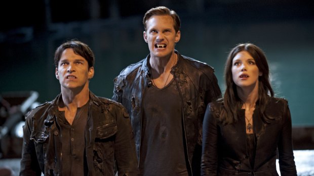 Stephen Moyer as Bill, Alexander Skarsgard as Eric and Lucy Griffiths as Nora in True Blood.