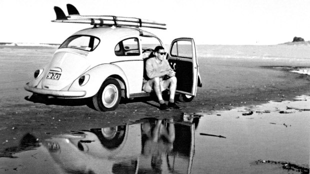 The front cover of Ian Ingram's book Capital Surfers features this photograph of Ian Ingram in his VW Beatle parked on Narooma main surf beach in 1964.