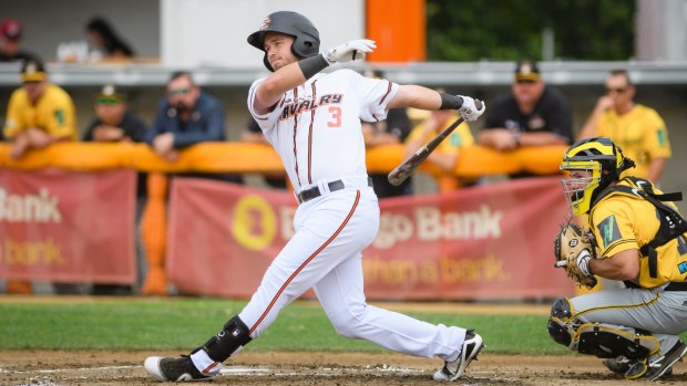 Canberra Cavalry's Jay Baum in action at the bottom of the first. 