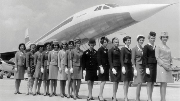 Flight attendants from different airlines line up in front of the Concorde in 1960.