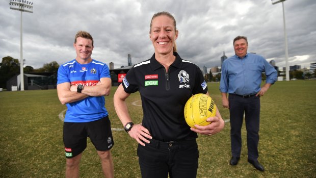 Collingwood coach Nathan Buckley, Collingwood women's football operations manager Meg Hutchins and Neil Balme.