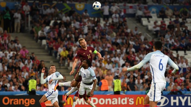Vasili Berezutski of Russia heads the ball to score an equaliser against England in the opening match of Euro 2016 in Marseille. 
