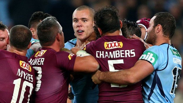 Show some respect: David Klemmer gets to know the Queenslanders during Origin II.