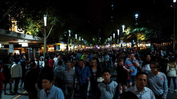 Thousands of people flocked to the CBD during White Night, Melbourne.