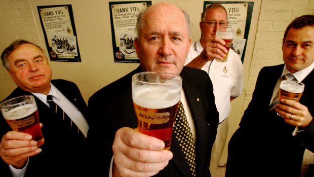 The launch of the Raise a Glass initiative at the Kent Hotel in 2009. Peter Cosgrove, centre, with Stephen Finney from the RSL, Ray Kelly of Legacy and John Ston from VB. 