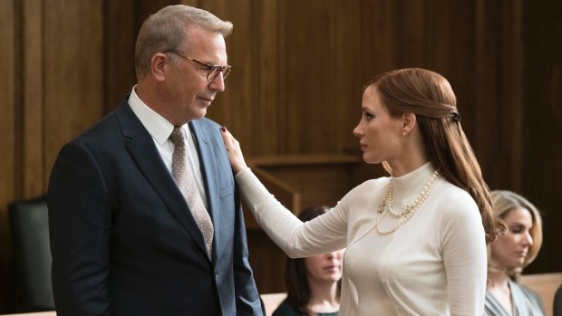Kevin Costner and Jessica Chastain in Molly's Game, directed by Aaron Sorkin. 