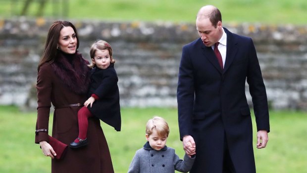 Prince William and Kate, the Duchess of Cambridge with their children Prince George and Princess Charlotte arrive to attend the morning Christmas Day service at St Mark's Church in Englefield, England, Sunday December 25, 2016.